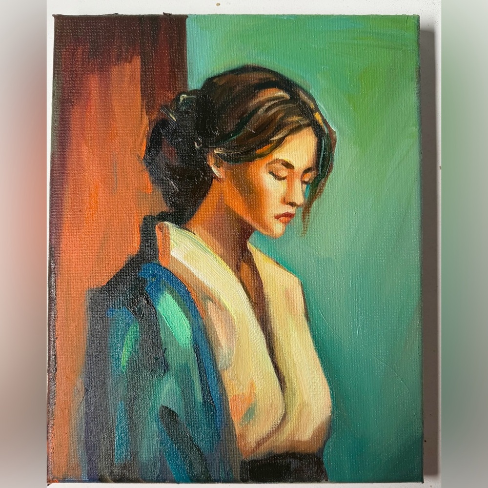 Original Oil Painting Portrait Wall Art  «Between Thoughts”, 10x8, oil on canvas